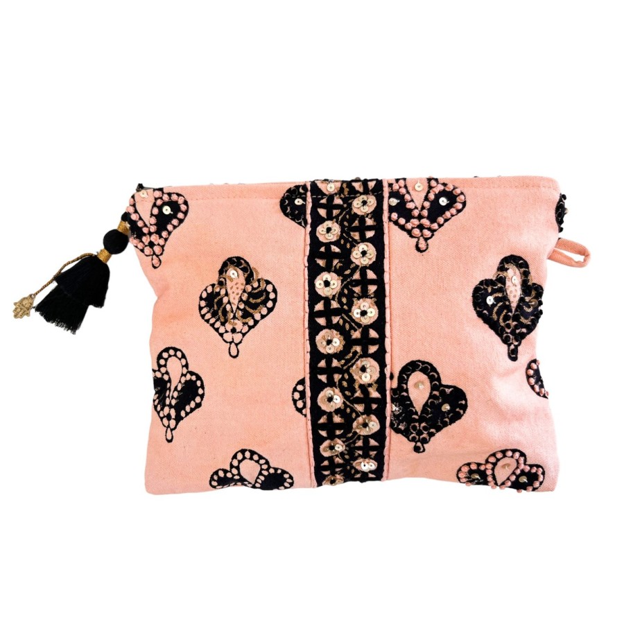 Accessories Bell by Alicia bell | Peach/Black Small Zipper Pouch With Embroidery