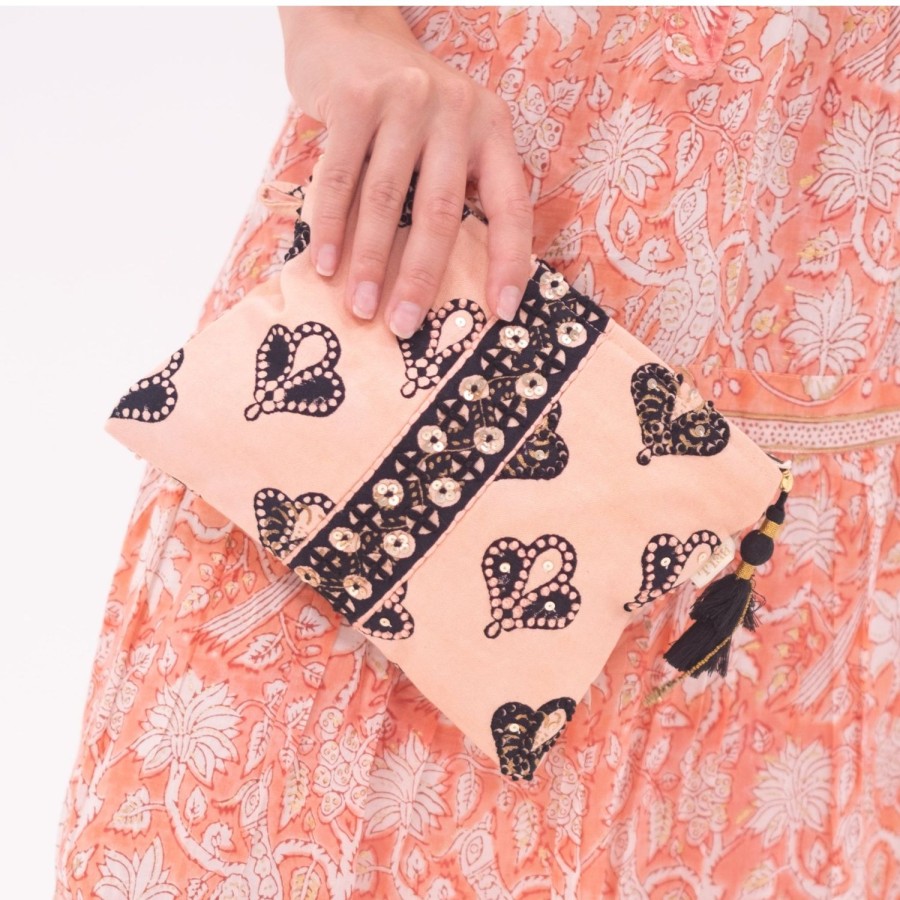 Accessories Bell by Alicia bell | Peach/Black Small Zipper Pouch With Embroidery