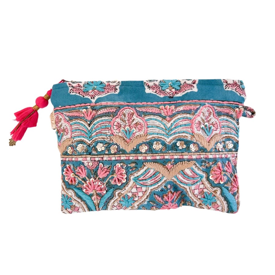 Accessories Bell by Alicia bell | Teal Small Zipper Pouch With Embroidery