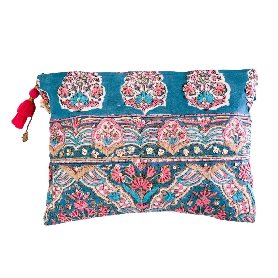 Accessories Bell by Alicia bell | Teal Large Zipper Pouch With Embroidery