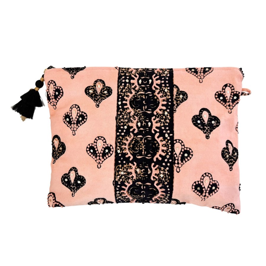 Accessories Bell by Alicia bell | Peach/Black Large Zipper Pouch With Embroidery