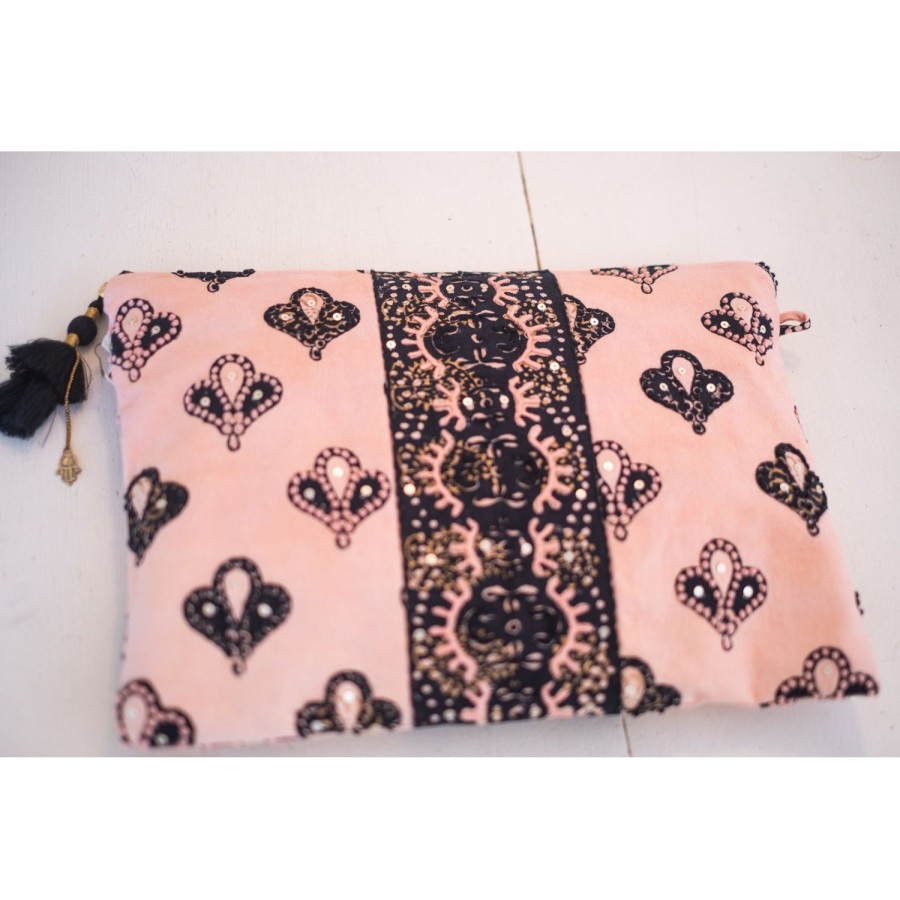 Accessories Bell by Alicia bell | Peach/Black Large Zipper Pouch With Embroidery