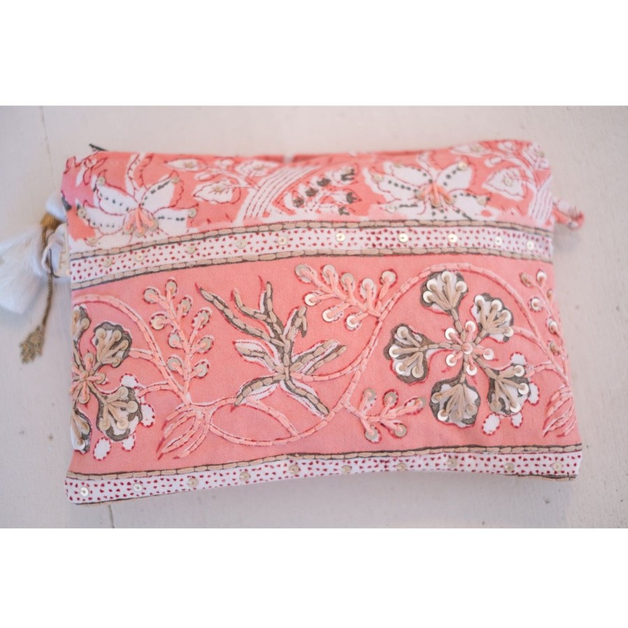 Accessories Bell by Alicia bell | Peach Small Zipper Pouch With Embroidery